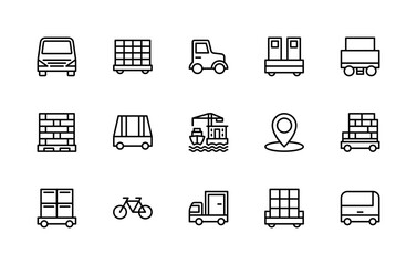 Cargo logistics vector linear icons set. Collection contains such icons as truck, tractor, delivery, railway carriage and more.