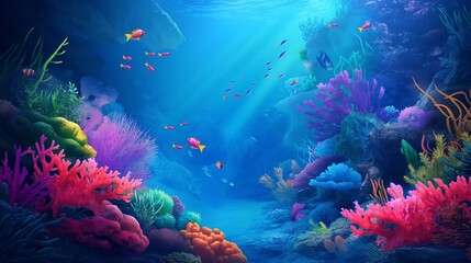 illustration of a bright rich underwater world. bright colored coral reefs and a lot of fish on the ocean floor, which the sun's rays reach from the surface of the water