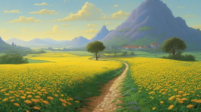 Oil painted illustration of yellow brick road through green meadows with red poppy flowers and mountains, fantasy background with copy space.