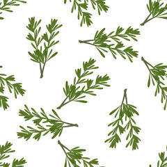 Fresh herbs and spices seasonings seamless pattern. Rosemary branches. Design of packaging, background, poster, flyer. Vector flat illustration.