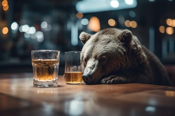 Drinking bear with a glass of beer. - obrazy, fototapety, plakaty