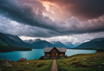 Mountains and a lake with a cabin. Small wooden house and dark, gloomy landscape. Cabin sitting on top of a lush green hillside and lake surrounded by mountains
