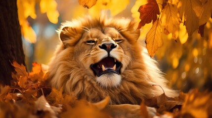 Portrait of happy lion rejoices in autumn.