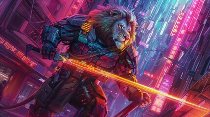 A majestic super hero lion adorned in heroic attire, holding a gleaming sword aloft against a backdrop of vibrant neon lights, exuding strength and courage in a futuristic urban setting.  - obrazy, fototapety, plakaty