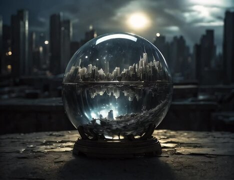 snow globe with background of city , clouds in sky move , sun 