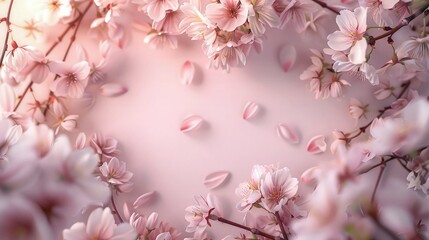 A serene and enchanting pink cherry blossom background, with soft sunlight filtering through the delicate petals, creating a peaceful ambiance and offering a perfect canvas for adding text. 