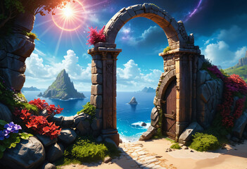 Close up of a gate with a view of the ocean, path to the beach, mythic island, doors of perception. Fantasy landscape with ancient ruins, stone arch gate to bright sea, peaceful scene - 784304723