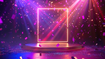 Gold podium for product presentation enveloped in a vibrant neon light square and showered with glittering confetti against a dynamic purple background.