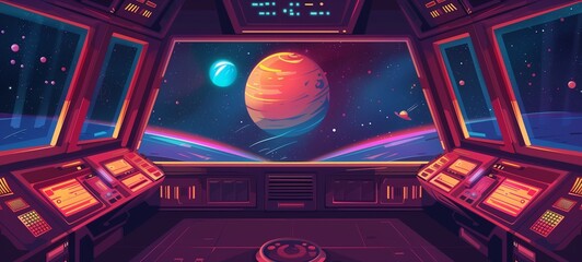 Futuristic spaceship interior with a view of a red planet from the window, surrounded by starry space, captured in a vibrant cartoon illustration.