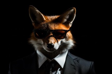 Obraz premium Funny fox with sunglasses in a suit on a black background.