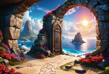 Close up of a gate with a view of the ocean, path to the beach, mythic island, doors of perception. Fantasy landscape with ancient ruins, stone arch gate to bright sea, peaceful scene - 784304947