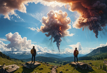 There are two people standing on a rock looking at a large plume of smoke, anamorphic flares, colorful dramatic puffy clouds. The end of the world, destroyed nature - 784305118