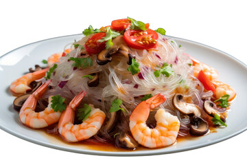 Glass noodle salad with shrimp, minced pork, topped with sweet and sour salad dressing on a white plate. Isolated on transparent background.