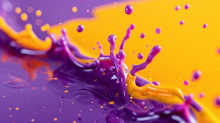 Vibrant splashes of yellow paint on a vibrant purple background convey dynamic movement and energy.