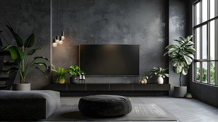 Interior design of modern living room in dark gray style with plants and TV