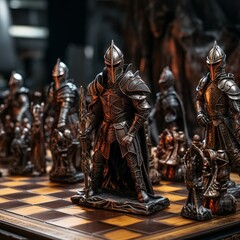 illustration of full armored chess figures faiting on the chessboard, Generative ai