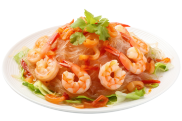 Glass noodle salad with shrimp, minced pork, topped with sweet and sour salad dressing on a white plate. Isolated on transparent background.