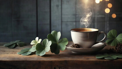 A cup of coffee with steaming coffee cup, plants  on wooden board in a dark room