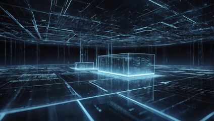 A dynamic D model of a cloud computing hub, with virtual servers floating in a digital atmosphere.