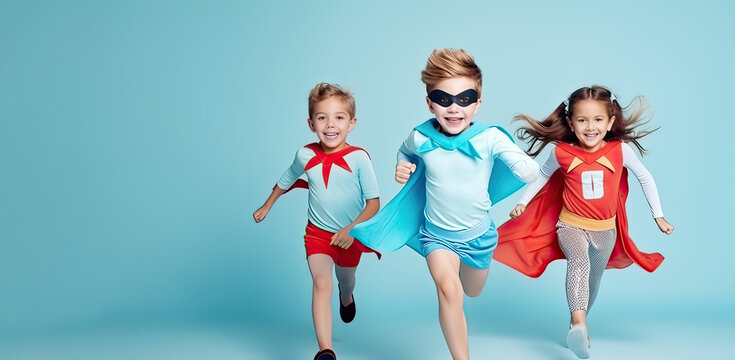 Group of children in colorful superhero costumes outfits having fun and grimacing ,a Children day
