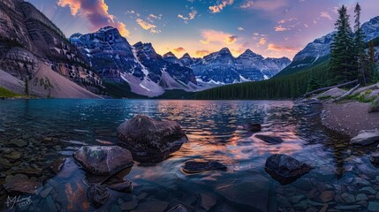 lake and mountains reflect in lake with cloudy sky background  - Powered by Adobe