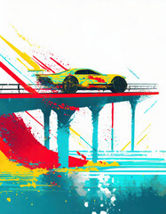 watercolor painting of yellow sports car on the road under the bridge. Vector illustration for t-shirt design.	