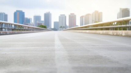 Selective focus , Empty road floor surface with modern city landmark buildings, a safety on road