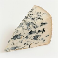 A wedge of rich blue cheese showcasing its marbled texture, isolated on a white backdrop.