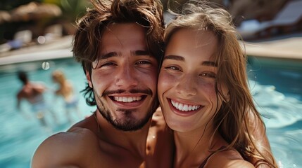 A young woman and her handsome boyfriend smile brightly as they take a selfie by the pool. Their true happiness radiates through the reflection of the joy of their friendship.