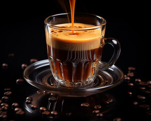 A detailed render of a freshly pulled single shot of espresso, the golden crema on top perfectly smooth, isolated on a rich aroma black background, showcasing the essence of coffee in its most concent - obrazy, fototapety, plakaty
