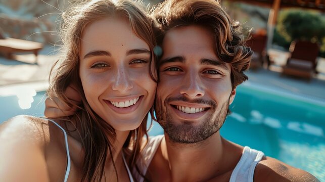A young woman and her handsome boyfriend smile brightly as they take a selfie by the pool. Their true happiness radiates through the reflection of the joy of their friendship.
