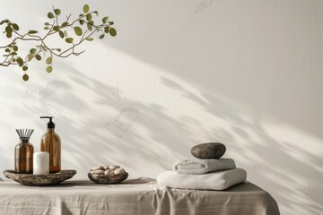 Background with Spa skincare concept.  White flowers and stones. Spa background with a space for a text. Template for logo demonstration.