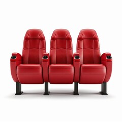 Set of red leather cinema or theatre seats arranged in a row with cup holders, isolated on a white background, offering a concept of entertainment or waiting.