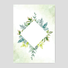 Elegant watercolor wedding invitation card template design with green leaves 