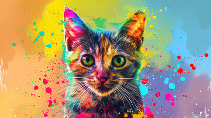 Vivid design of cat portrait with paint splashes. Colorful print design of cat in realistic style on bright background. AI generated illustration