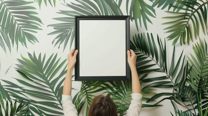 Woman hanging picture frame on the wall, without blocking the mockup template holding with both...