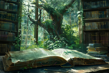 Enchanted Tale: Magical Book in Ancient Library