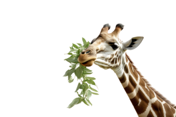 photograph of Giraffe eating leaves, Isolated on transparent background.