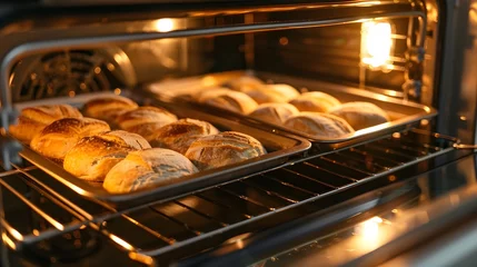 Papier Peint photo Lavable Pain Close up view of inserting the trays with breads into the oven and closing the door