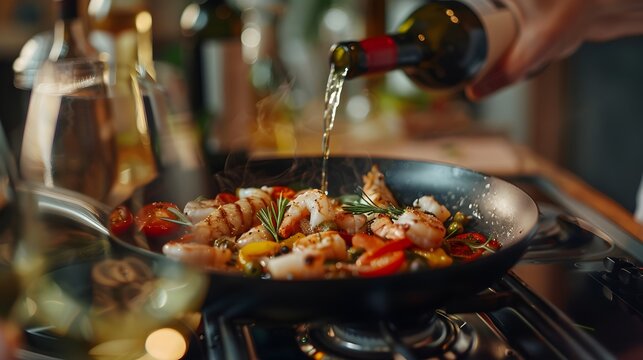 Closeup view of preparing some tasty crevete with white wine