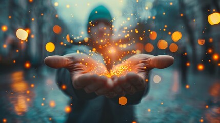 Magical lights floating from person's hands, mystical energy concept, bokeh and sparkles, enchantment. Magic in everyday life.