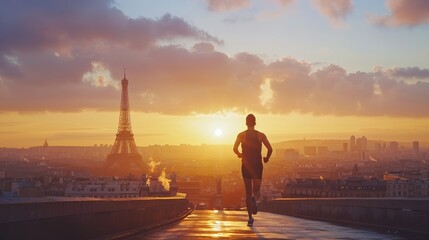 Runner silhouette against Paris skyline and Eiffel Tower at sunrise, Olympic training, inspiring...