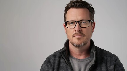 Confident father, casual style, friendly male face, relatable parent persona for UX, white backdrop.