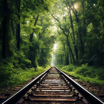 illustration of photo of long railway track in India with green tall , Generative ai