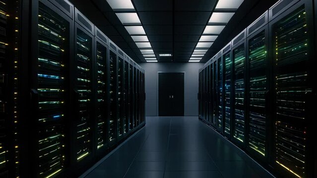 Video animation of A large room with many computer servers. The servers are in rows and are all connected to each other