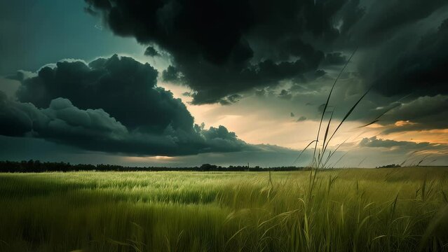 Video animation of grass with a storm in the background. The sky is dark and cloudy, and the grass is tall and dry.