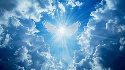 Angel wings and divine light in the clouds, concept of heaven, spirituality and heavenly peace,...