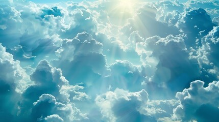 Angel wings and divine light in the clouds, concept of heaven, spirituality and heavenly peace, blue sky.