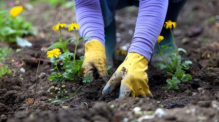 Fototapeta premium Close-up of hands planting flowers in soil, wearing yellow gloves, promoting gardening and environmental care.
