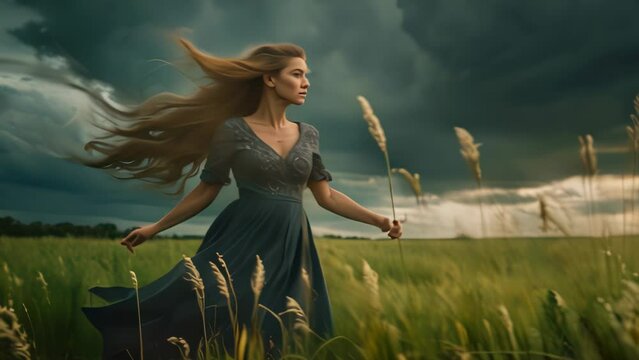Video animation of woman with flowing hair standing resilient and graceful in a green field.